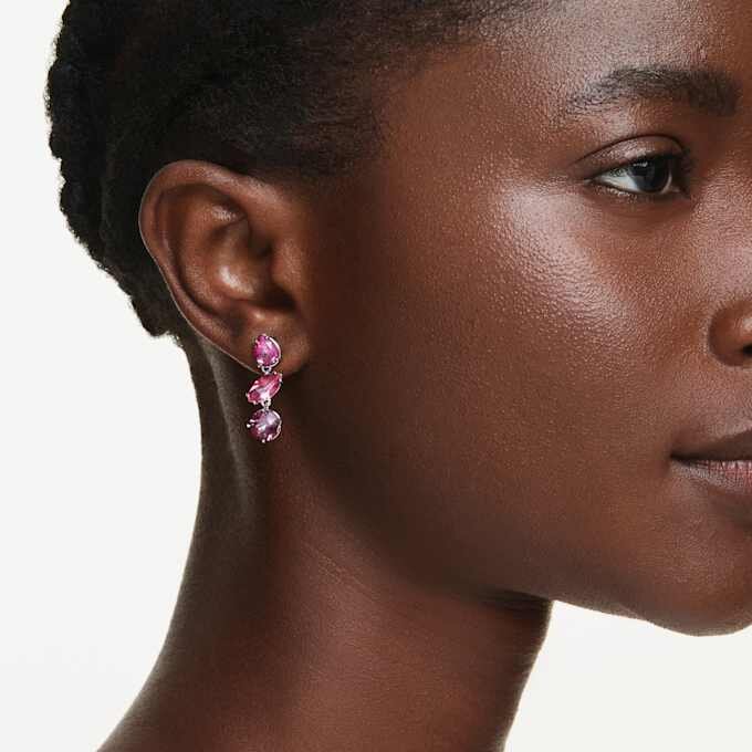 Gema Drop Earrings Mixed Cuts, Pink, Rhodium Plated Gema Drop Earrings Mixed Cuts, Pink, Rhodium Plated