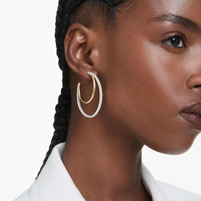 Hyperbola Hoop Earrings Round Cut, Medium, White, Mixed Metal Finish Hyperbola Hoop Earrings Round Cut, Medium, White, Mixed Metal Finish