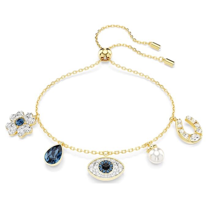 Symbolica Bracelet Crystal Pearl, Clover, Evil Eye and Horseshoe, Blue, Gold-Tone Plated Symbolica Bracelet Crystal Pearl, Clover, Evil Eye and Horseshoe, Blue, Gold-Tone Plated